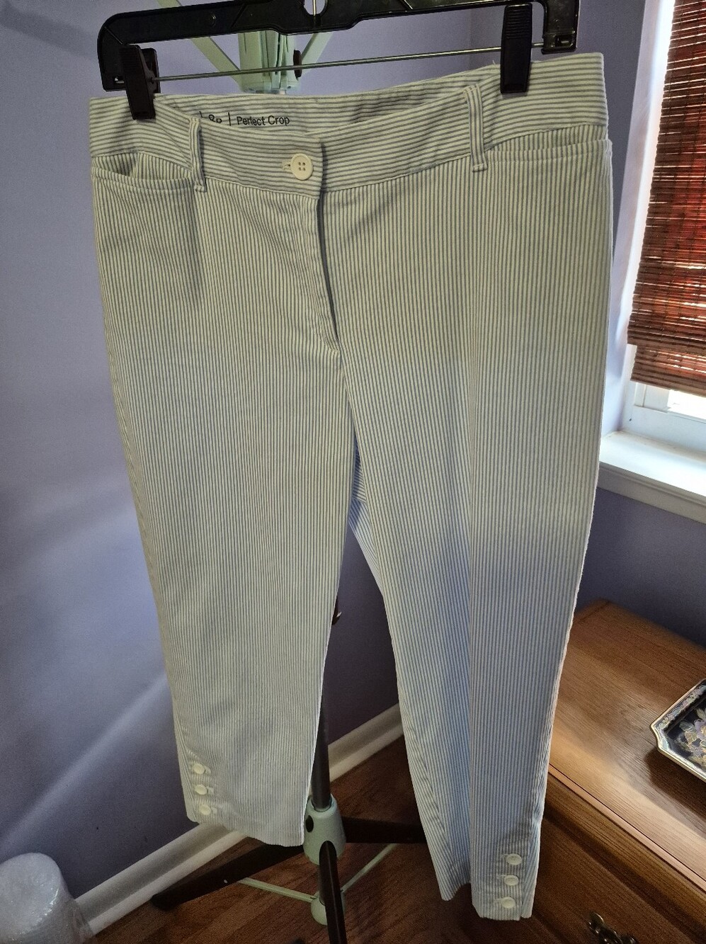 Light Blue & White Pinstripe Seersucker Cropped Pants